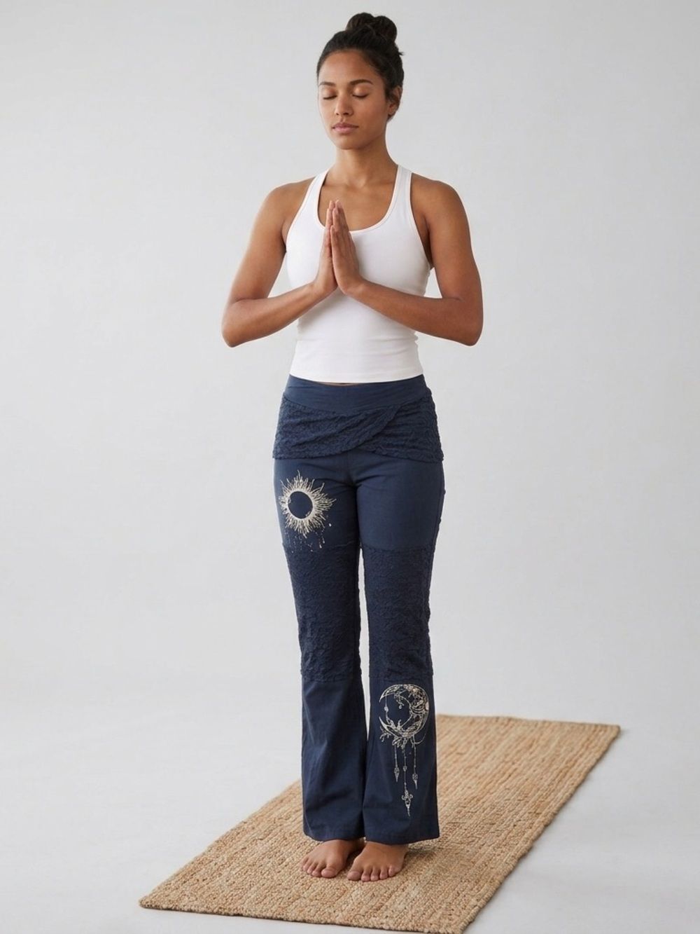 Women’s Dark Blue Boho Yoga Lace Detail Cotton Pants Leggings Size Small